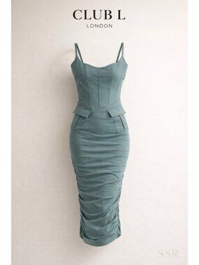 Club L London Ruched Corset Midi Dress Sage Blue Utility Bodycon XS/S 28 Bust